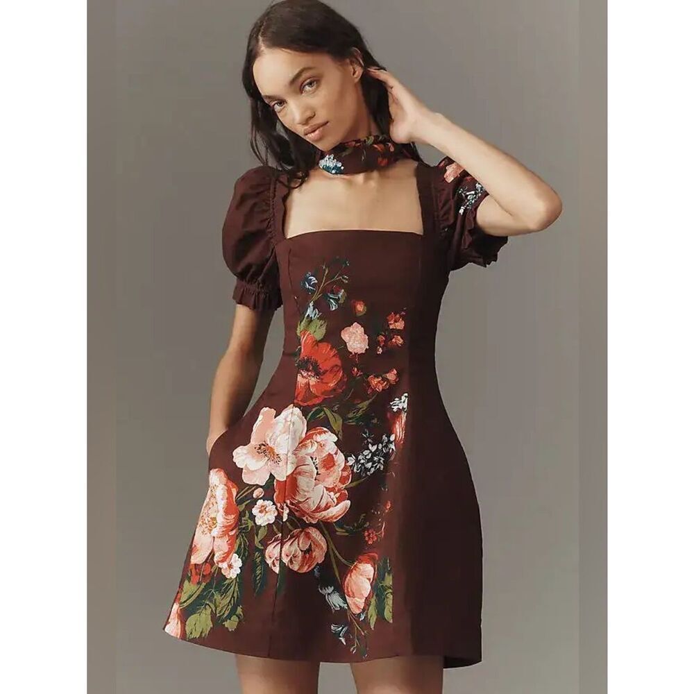 New Anthropologie Maeve Puff-Sleeve Square-Neck Floral Mini Dress Size L